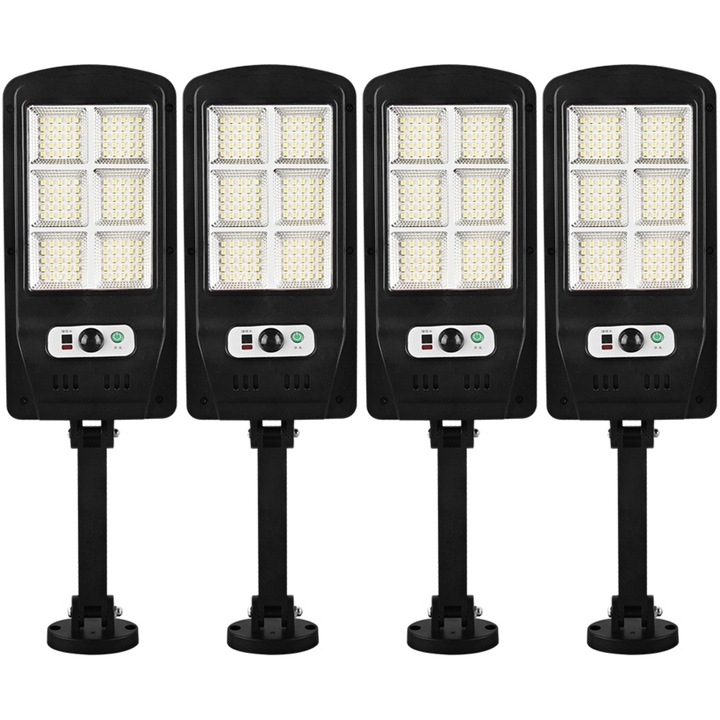 Комплект от 4 слънчеви лампи Nevermore, 150 LED SMD, 30W, 6000K, Сензор за движение, Светлинен сензор, Дистанционно управление