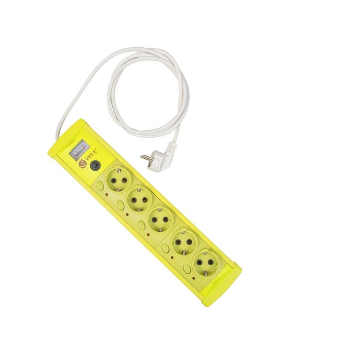 Prelungitor cu protectie la supratensiune si intrerupator individual 5 Prize 2M Cablu 3X1,5, indicator tensiune/voltmetru