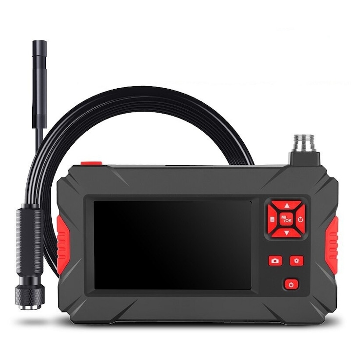 Camera inspectie endoscop, 4.3", lentila dubla 8mm, 1080P, cablu rigid 5M, LED, 2600mAh, negru/rosu