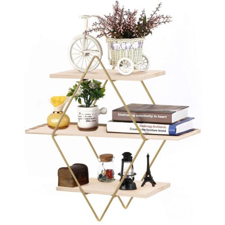 Raft de perete cu 3 polite, model Romb, cadru fier, Bej - Auriu - eMAG.ro