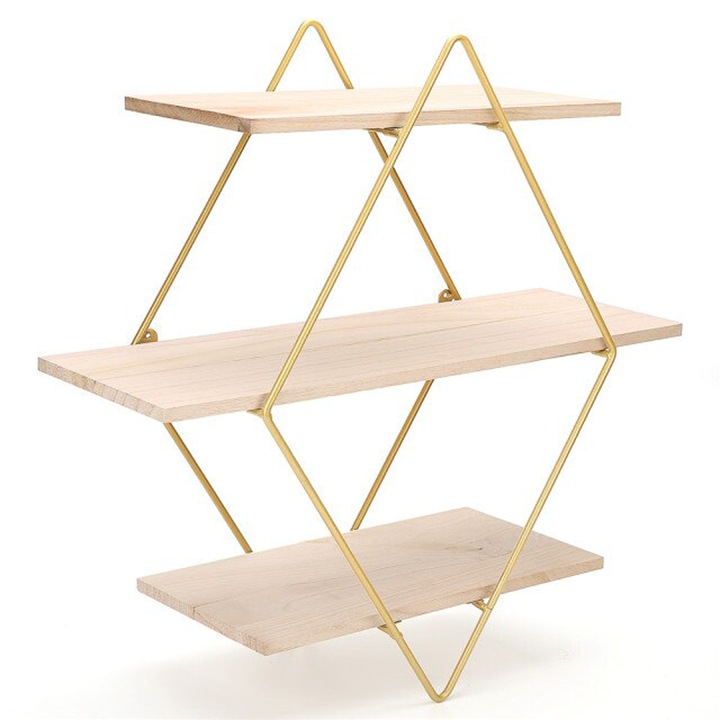 Raft de perete cu 3 polite, model Romb, cadru fier, Bej - Auriu - eMAG.ro