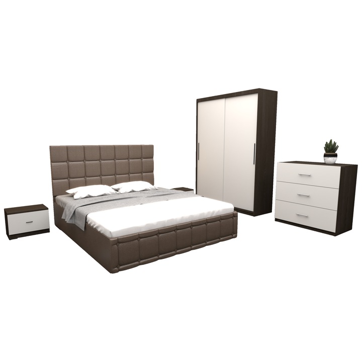 Set Dormitor Regal, cu Pat Tapitat Maro imitatie piele 160x200 cm cu dulap usi glisante Wenge 150x200x61 cm fara oglinda si cu comoda Tv 90x80x43 cm
