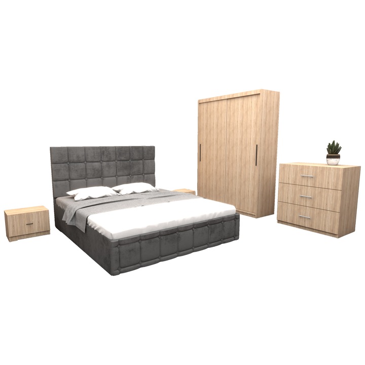 Set Dormitor Regal, cu Pat Tapitat Gri stofa 160x200 cm cu dulap usi glisante Sonoma fara oglinda 150x200x61 cm si cu comoda Tv 90x80x43 cm