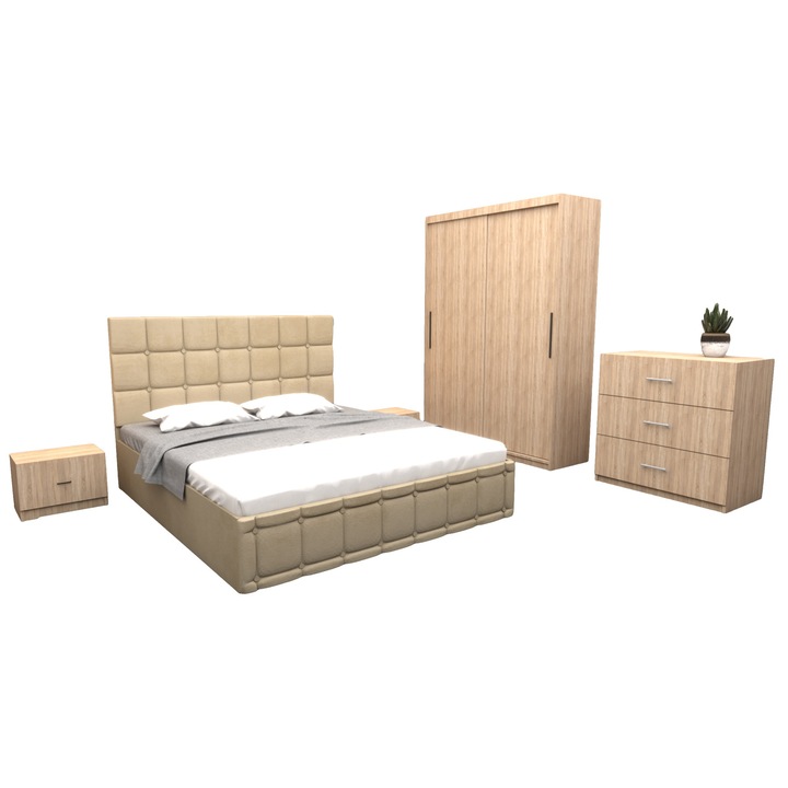 Set Dormitor Regal, cu Pat Tapitat Bej stofa 160x200 cm cu dulap usi glisante Sonoma fara oglinda 150x200x61 cm si cu comoda Tv 90x80x43 cm