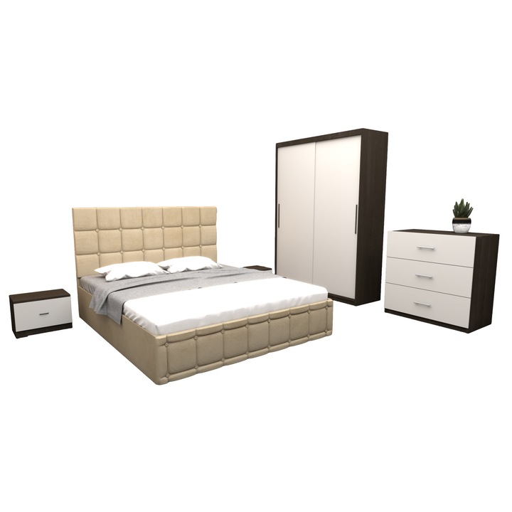 Set Dormitor Regal, cu Pat Tapitat Crem imitatie piele 160x200 cm cu dulap usi glisante Wenge fara oglinda 150x200x61 cm si cu comoda Tv 90x80x43 cm