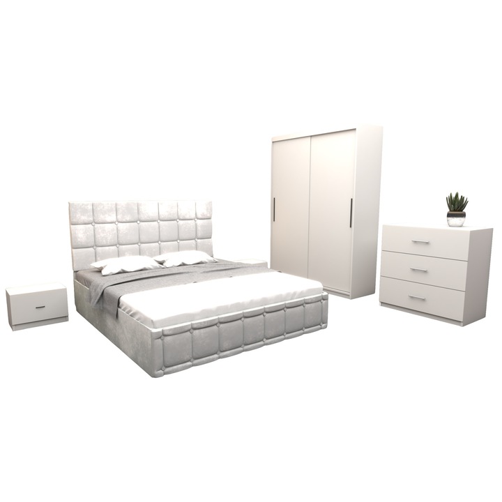 Set Dormitor Regal, cu Pat Tapitat Alb stofa 160x200 cm cu dulap usi glisante Alb fara oglinda 150x200x61 cm si cu comoda Tv 90x80x43 cm
