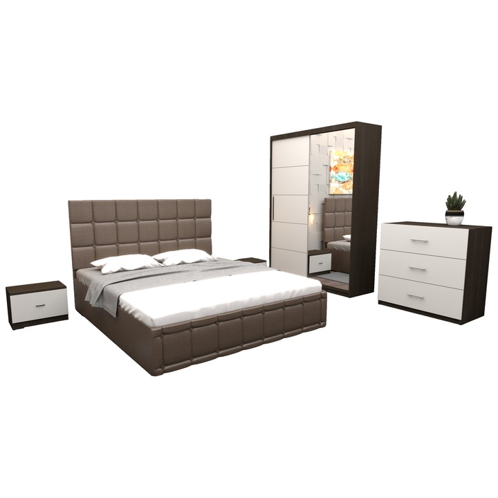 Set Dormitor Regal, cu Pat Tapitat Maro imitatie piele 160x200 cm cu dulap usi glisante Wenge cu oglinda 150x200x61 cm si cu comoda Tv 90x80x43 cm
