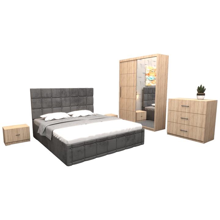 Set Dormitor Regal, cu Pat Tapitat Gri stofa 160x200 cm cu dulap usi glisante Sonoma cu oglinda 150x200x61 cm si cu comoda Tv 90x80x43 cm