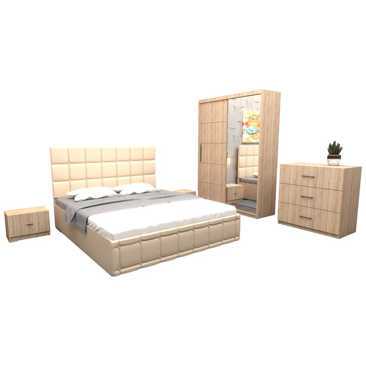 Set Dormitor Regal, cu Pat Tapitat Crem imitatie piele 160x200 cm cu dulap usi glisante Sonoma cu oglinda 150x200x61 cm si cu comoda Tv 90x80x43 cm