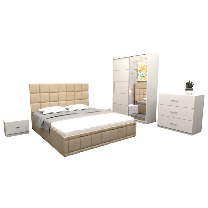 Set Dormitor Regal, cu Pat Tapitat Bej stofa 160x200 cm cu dulap usi glisante Alb cu oglinda 150x200x61 cm si cu comoda Tv 90x80x43 cm