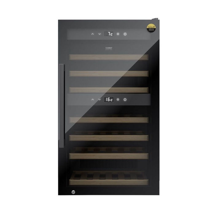 Racitor de vin Caso Germany, WineExclusive 66 Smart, 66 sticle, H 108 cm, 2 zone de racire 5-20°C, control smart Wi-Fi, compresor, touch control, usa anti-UV, sistem anti-vibratii, iluminare LED, negru