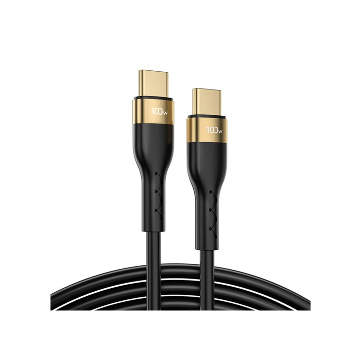 USB-C-USB-C kábel, 100 W PD, gyors töltés és adatátvitel, 2M hossz, megerősített, fekete-arany, HUR-BBL4929