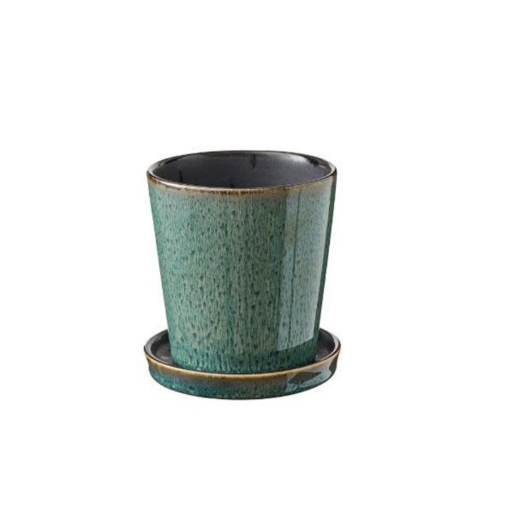 Ghiveci cu suport, 10 cm, Cu farfurie, Uni, Ceramica, Verde