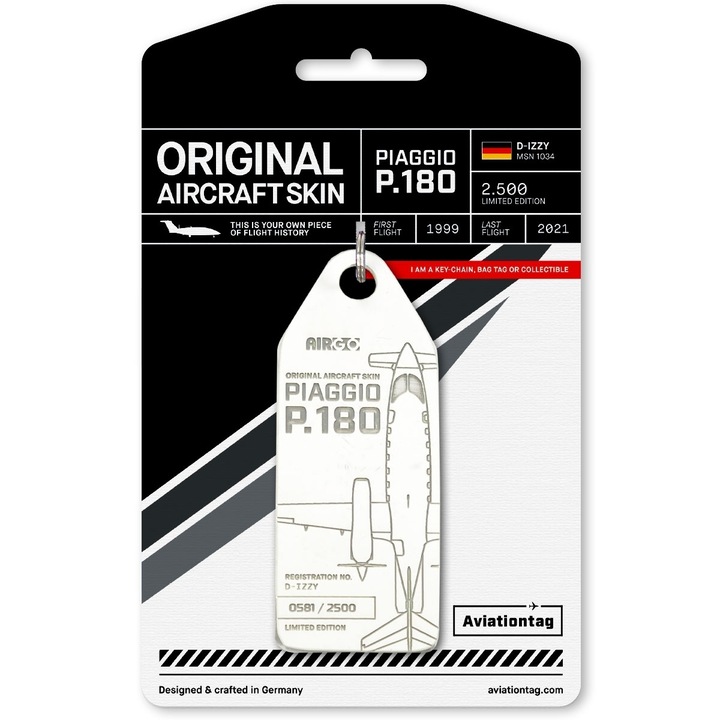 Breloc Aviationtag AirGO - Piaggio P.180 Avanti - D-IZZY White, Alb