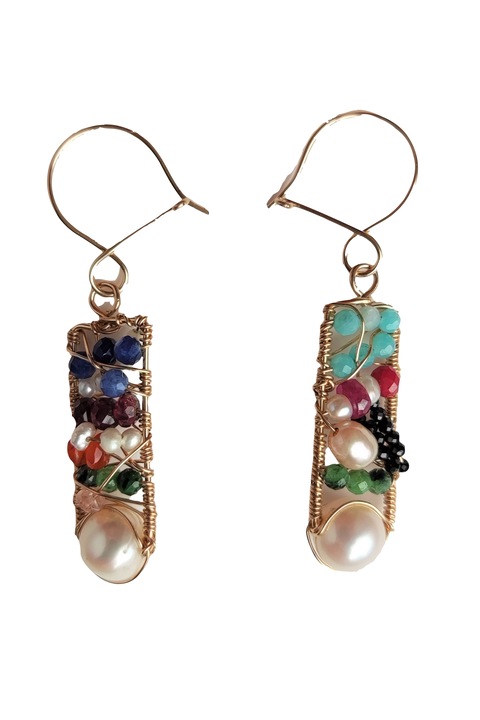 Дамски обеци, Sporul casei, Златна тел, Многоцветни, 5 см