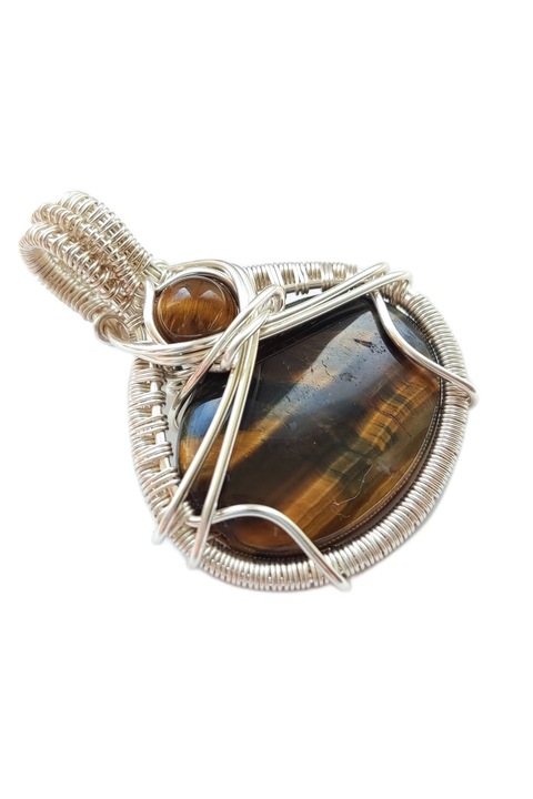 Pandantiv Ochi de tigru cu sarma argintie, maro, 4.5 cm