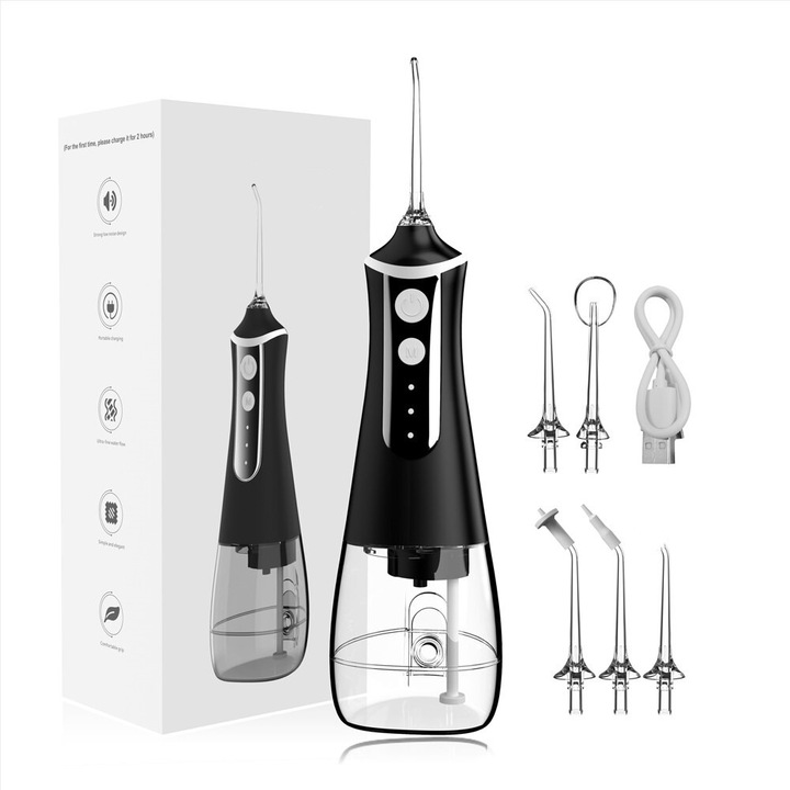 Dus bucal cu 5 capete, HailiCare, Incarcare USB, 5 W, 350 ml, Negru