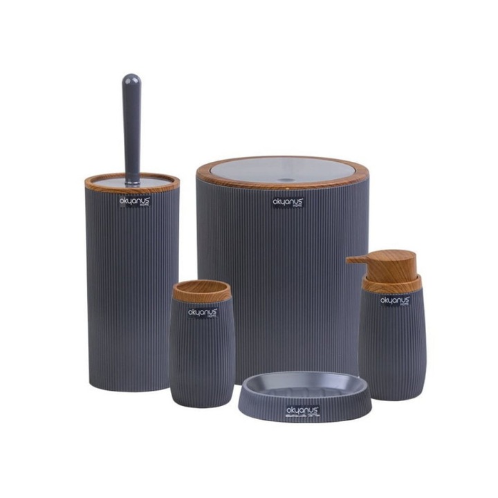 Fekete kerek fürdőszobai készlet 5 elemmel - faimitáció