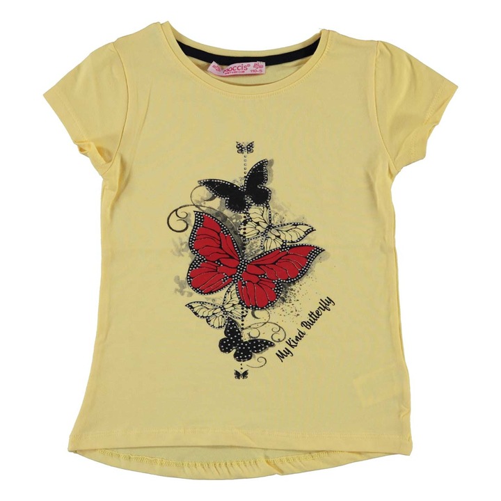 Elegáns póló lányoknak, pillangók, strasszok, pamut, fukszia, Sárga