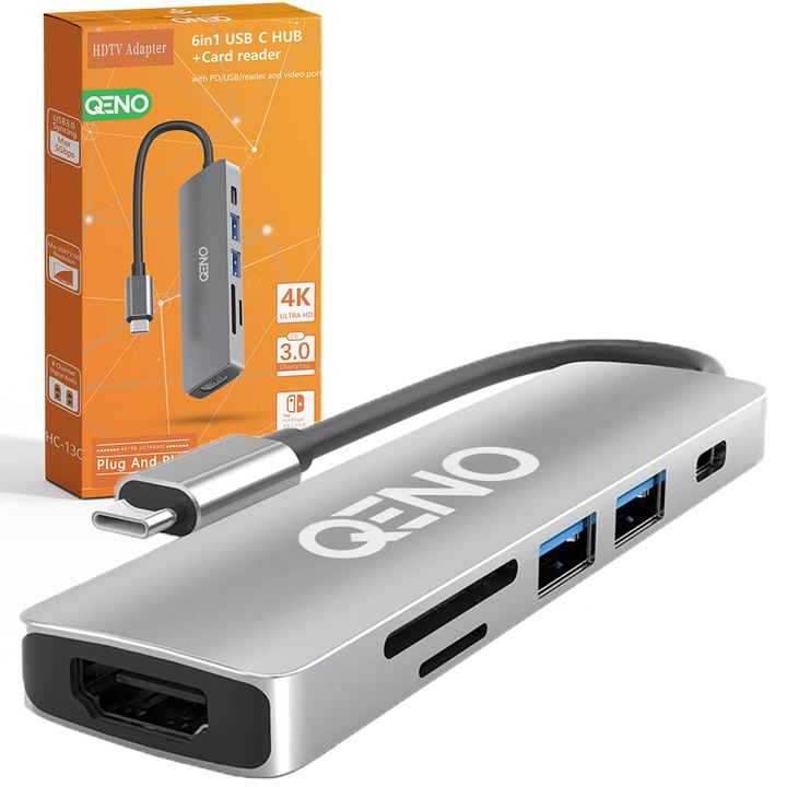 Hub USB 6 in 1 Qeno® Tip C / USB 3.0. Cu Port HDMI 4K, Cu Card Reader, Adaptor Multiport Protectie Supracurent, 4K*2K resolution video, 55W, 480 Mbps, 5 Gbps, Aluminiu, Argintiu