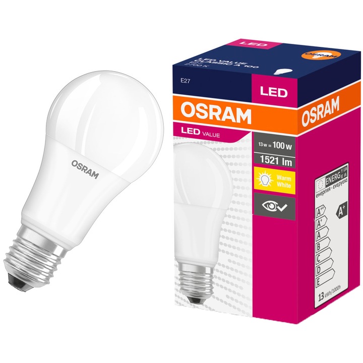 Bec LED Osram, E27, 13W (100W), 1521 lm, lumina calda (2700K), clasa energetica F