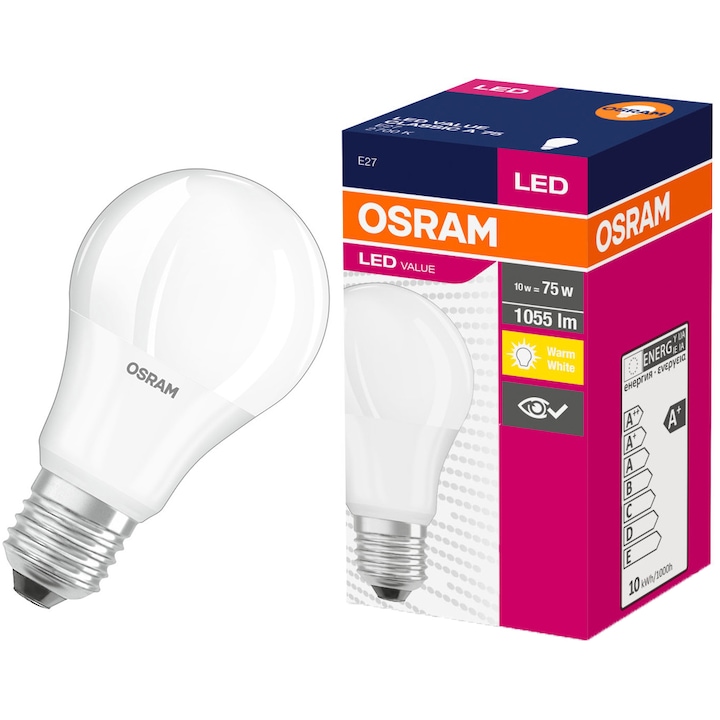 Bec LED Osram, E27, 10W (75W), 1055 lm, lumina calda (2700K), clasa energetica F
