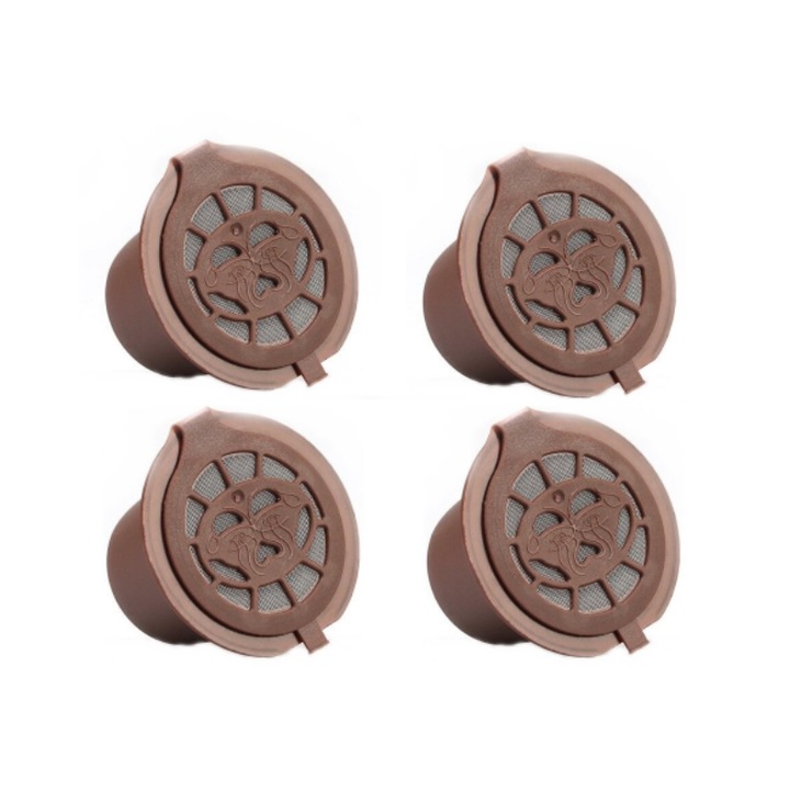 4 db Nespresso kávékapszula készlet, új generációs, újratölthető / mosható, barna / ezüst kupak, rozsdamentes acél / műanyag, barna