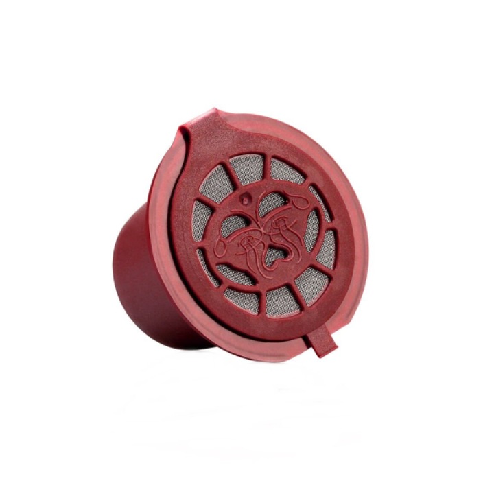 Nespresso kávékapszula, új generáció, újratölthető / mosható, barna / ezüst kupak, rozsdamentes acél / műanyag, piros