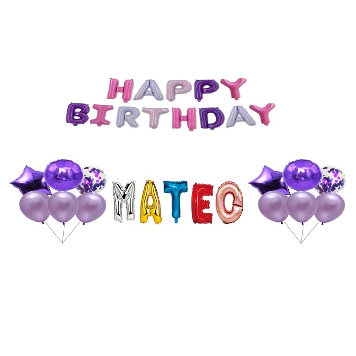Комплект балони Happy Birthday Mateo, топер за торта, многоцветен M1, 35 бр