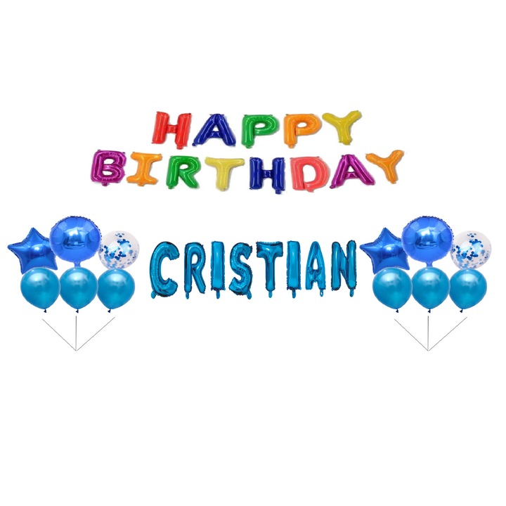 Комплект балони Happy Birthday Cristian, горна част за торта, многоцветен, 31 бр