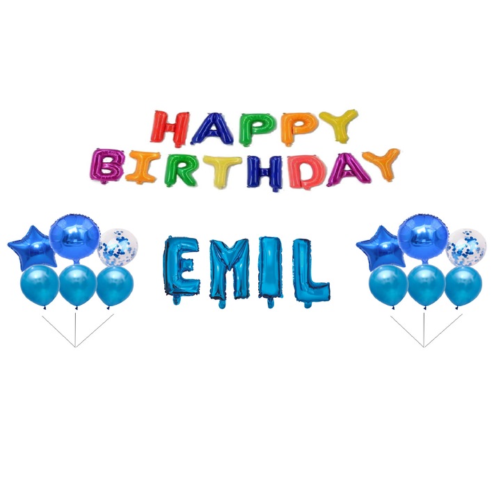 Комплект балони Happy Birthday Emil, Топер за торта, Многоцветен, 31 бр