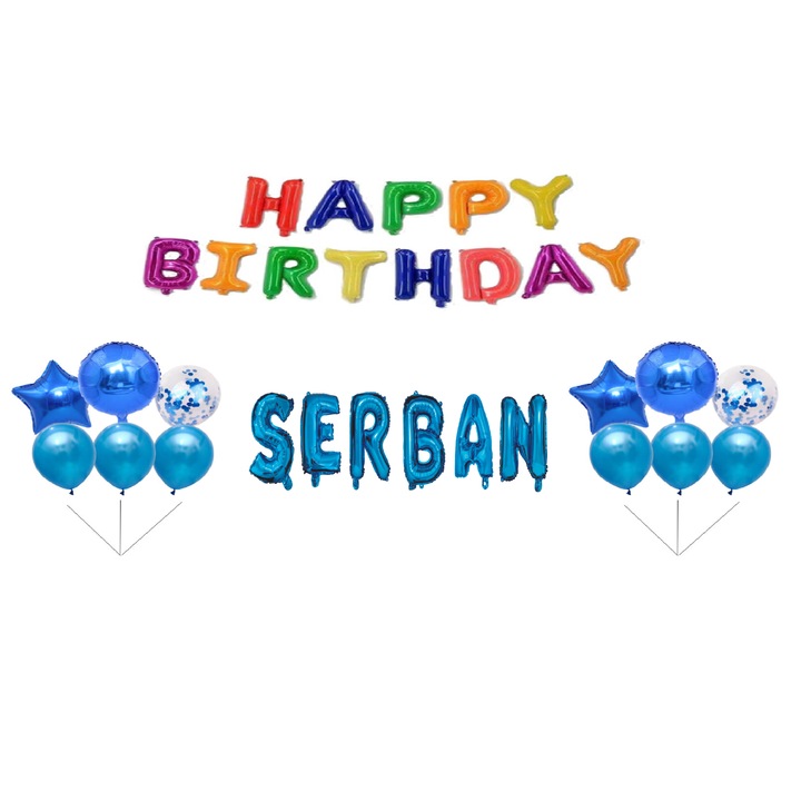 Szerb Boldog születésnapot lufi szett, tortafeltét, többszínű, 31 db