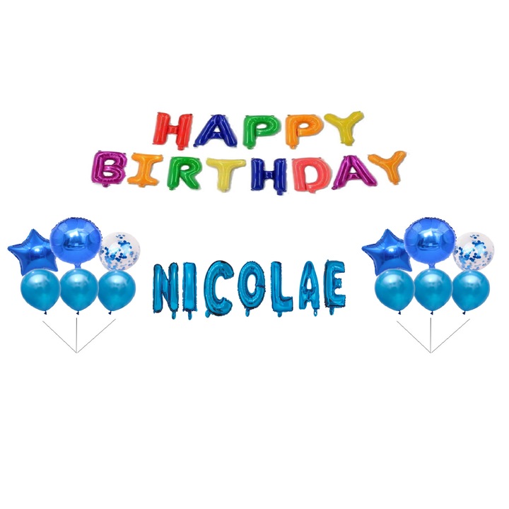 Комплект балони Happy Birthday Nicolae, горна част за торта, многоцветен, 31 бр