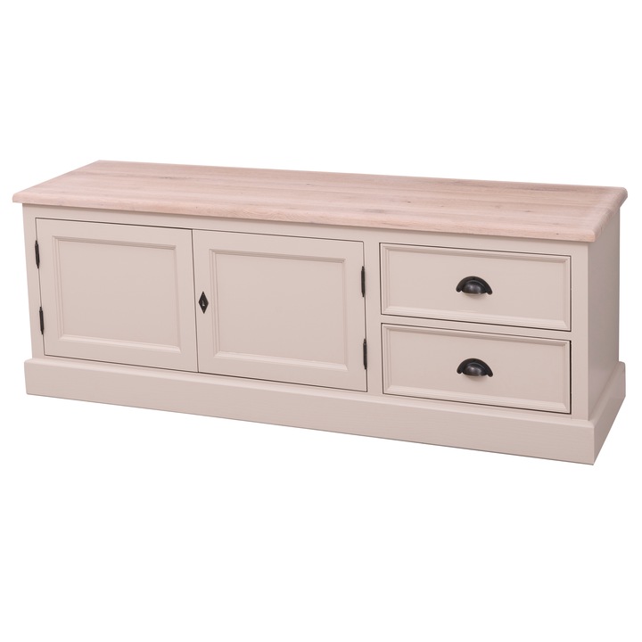 Comoda tv cu 2 usi, 1 sertar, blat stejar, culoare top natural, corp gri, dublu color, 100% lemn masiv, 106x56x46 cm