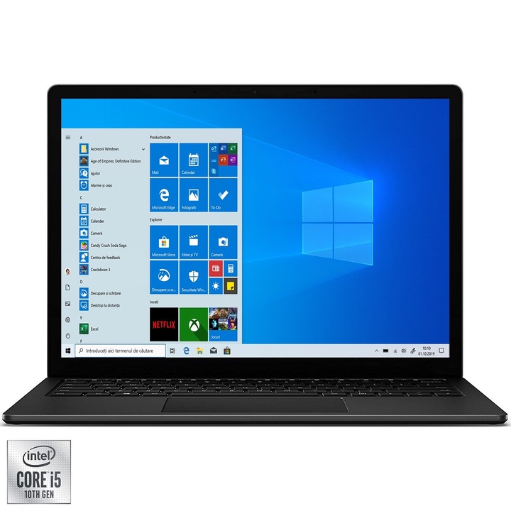 Laptop ultraportabil Microsoft Surface Laptop 3 cu procesor Intel Core i5-1035G7, 13.5", Pixel Sense, 8GB, 256GB SSD, Intel Iris Plus Graphics, Windows 10 Home, Tastatura Italiana, Black