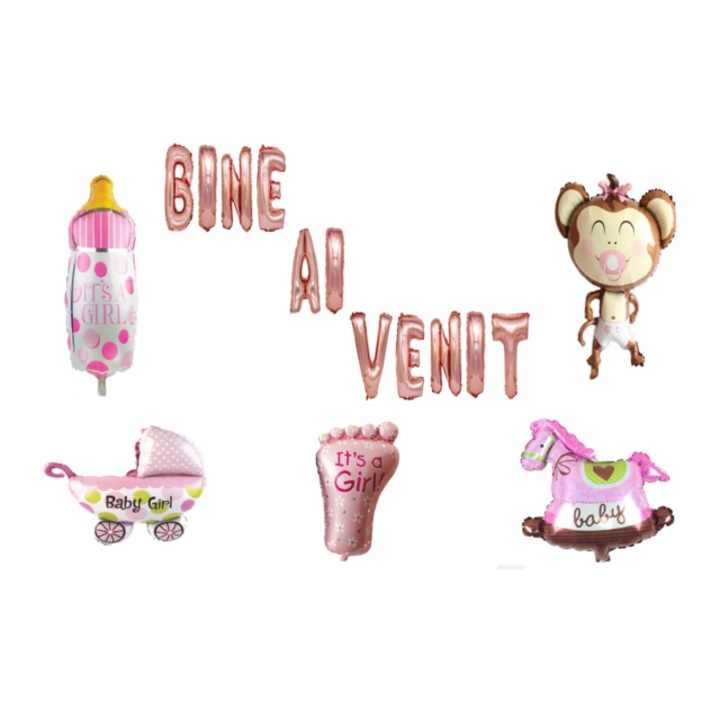 OEM Bine Ai Venit Babaváró lufi szett, lányoknak, tortadísz, 18 db, rosegold