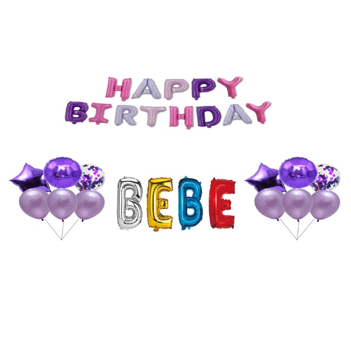 Set Baloane Happy Birthday Bebe, Cake topper, Multicolor M1, 35Buc