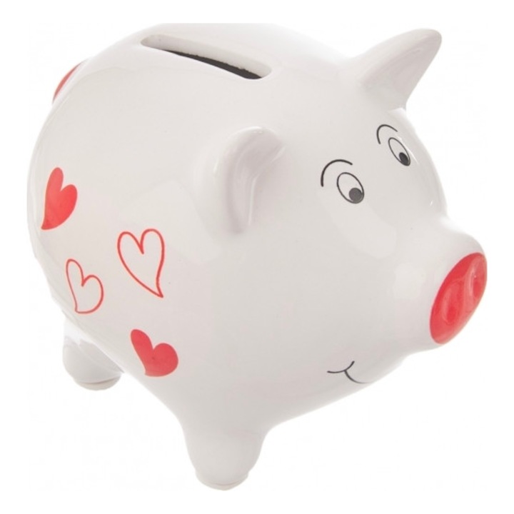 Cufar Ceramic, Orion, 9x7.5x8 cm, Ceramica, Alb Cu Decor Rosu, Fereastra Pentru Retragerea Banilor, Motiv Cu Inimioare, Materiale De Inalta Calitate, Alb