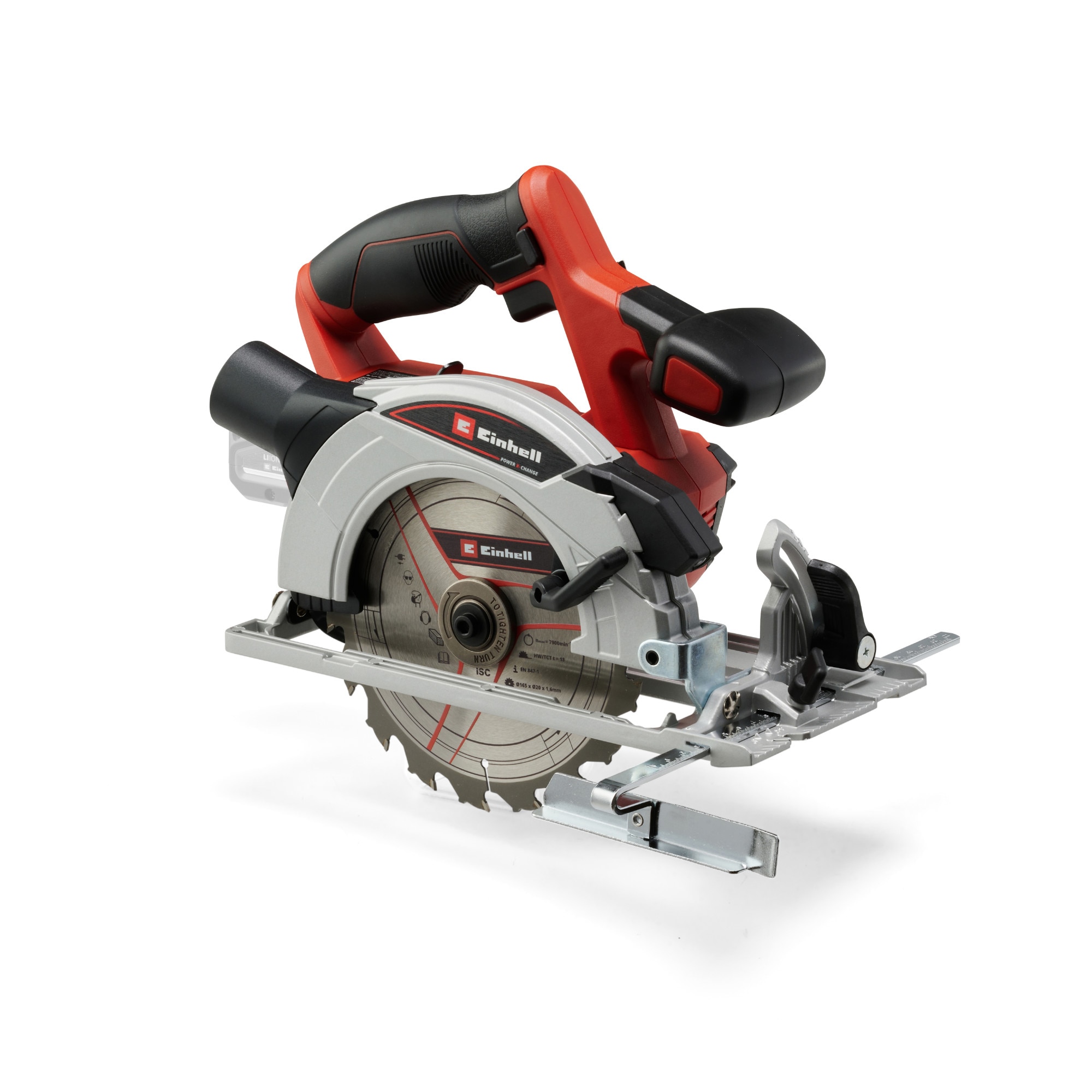 Fierastrau circular de mana pe acumulator Einhell TE-CS 18/165-1 Li - Solo, 18 V, tehnologia PXC, 4200 RPM, 165 mm x 20 mm lama taiere, 54 mm adancime maxima taiere, fara acumulato