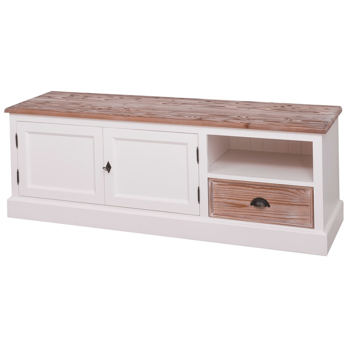 Comoda tv cu 2 usi, 1 sertar, culoare top maro, corp alb, sertare maro, dublu color, 100% lemn masiv, 160x46x56 cm