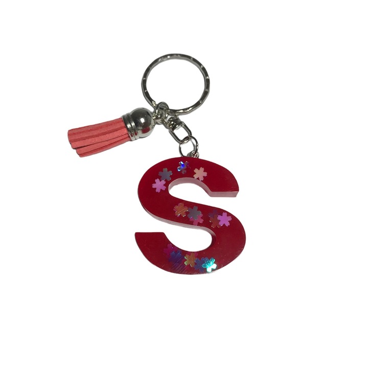 Breloc Gentelo cu initiala S, Handmade din rasina epoxidica rosu, 4 cm