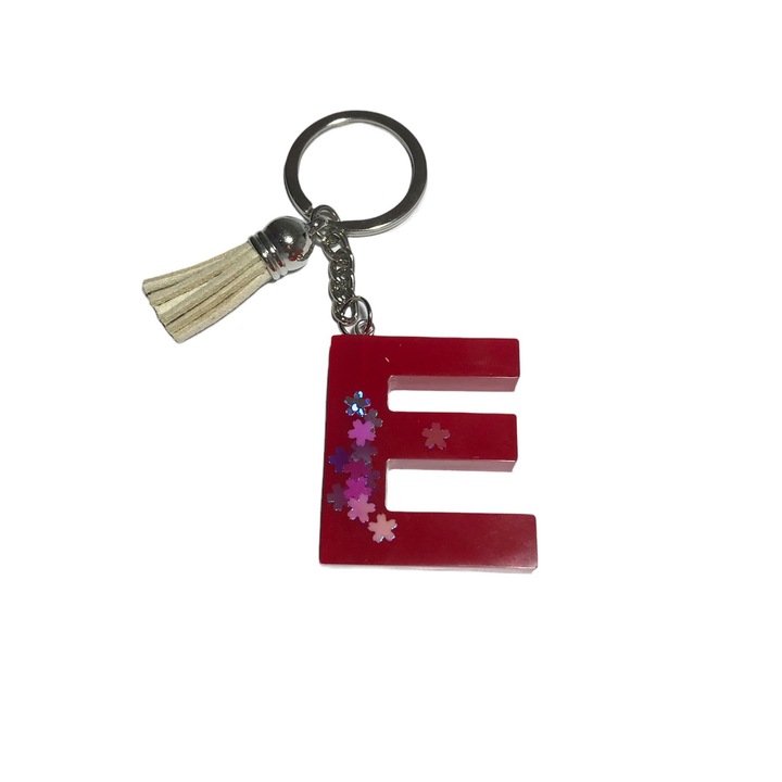 Breloc Gentelo cu initiala E, Handmade din rasina epoxidica rosu, 4 cm