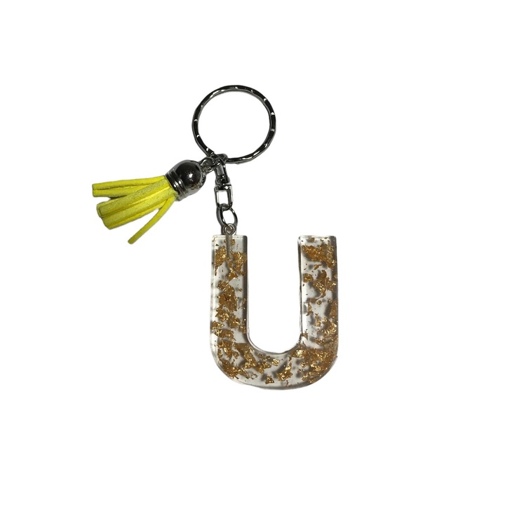 Breloc Gentelo cu initiala U, Handmade din rasina epoxidica galben crystal 3D, 4 cm