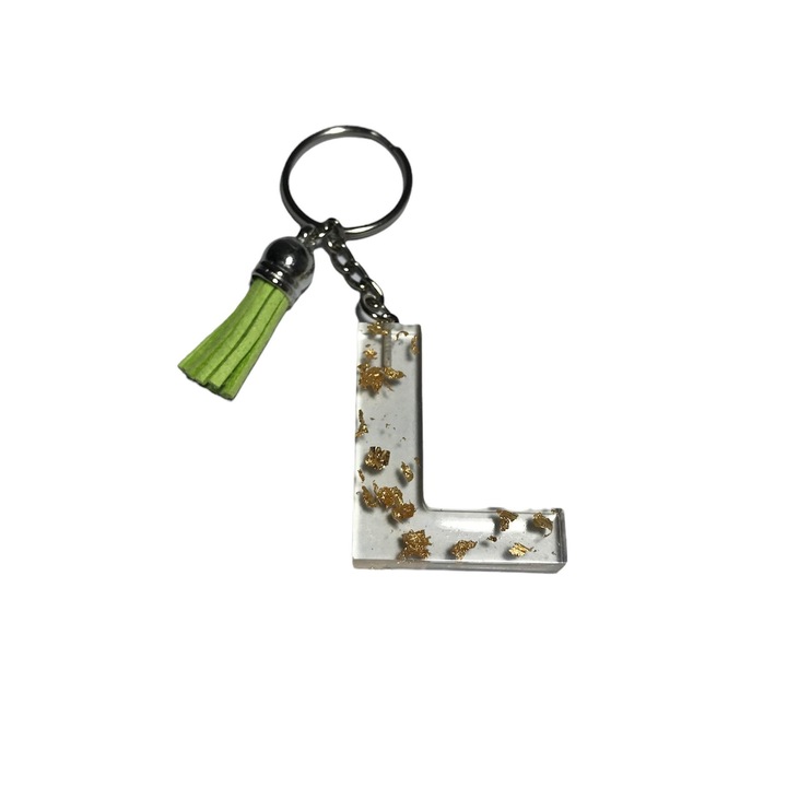 Breloc Gentelo cu initiala L, Handmade din rasina epoxidica galben crystal 3D, 4 cm