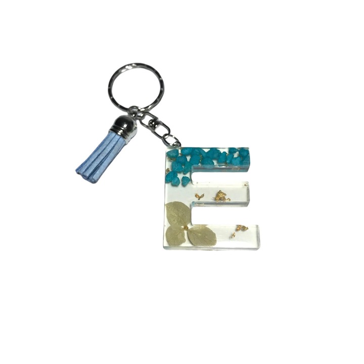 Breloc Gentelo cu initiala E, Handmade din rasina epoxidica crystal flower 3D, 4 cm multicolor