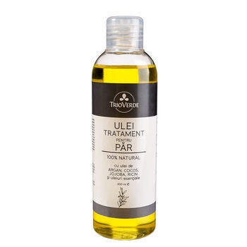 Ulei tratament pentru par cu Argan, Cocos, Jojoba, Ricin si Tea Tree Trio Verde, 200ml Ulei tratament pentru par cu Argan, Cocos, Jojoba, Ricin si Tea Tree Trio Verde, 200ml