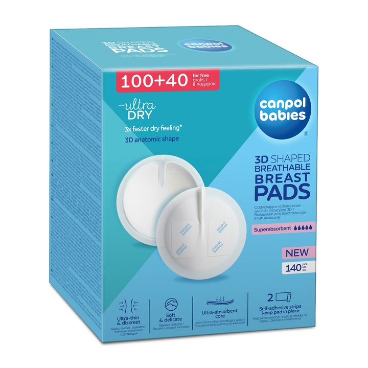 Tampoane superabsorbante pentru san Canpol Babies 1/654, forma 3D, 140 de bucati, Alb