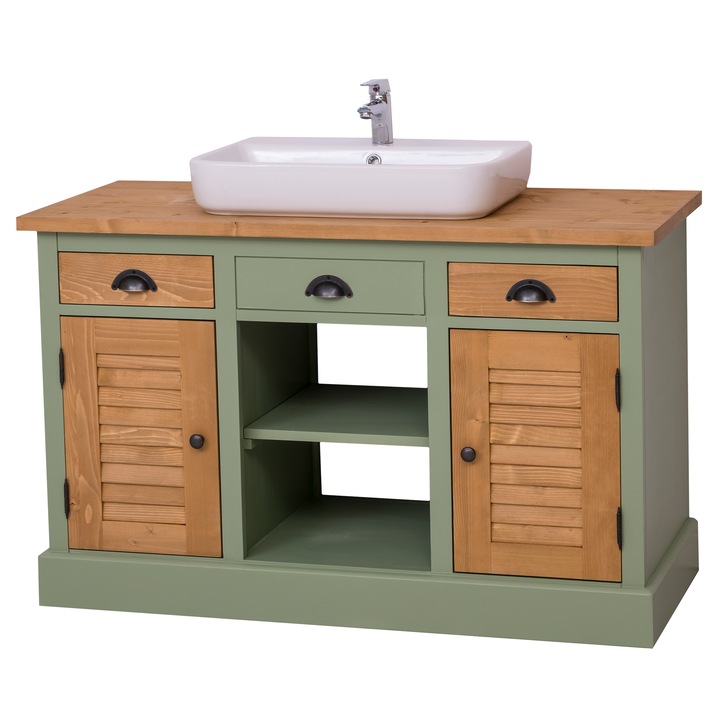 Fürdőszoba szekrény 2 lamellás ajtóval - a mosdókagylót az ár tartalmazza, fiókok fémcsúszóval felszerelve, munkalap, ajtók és fiókok színe méhviaszolt P002, bútórtest színe P054, duplan színú