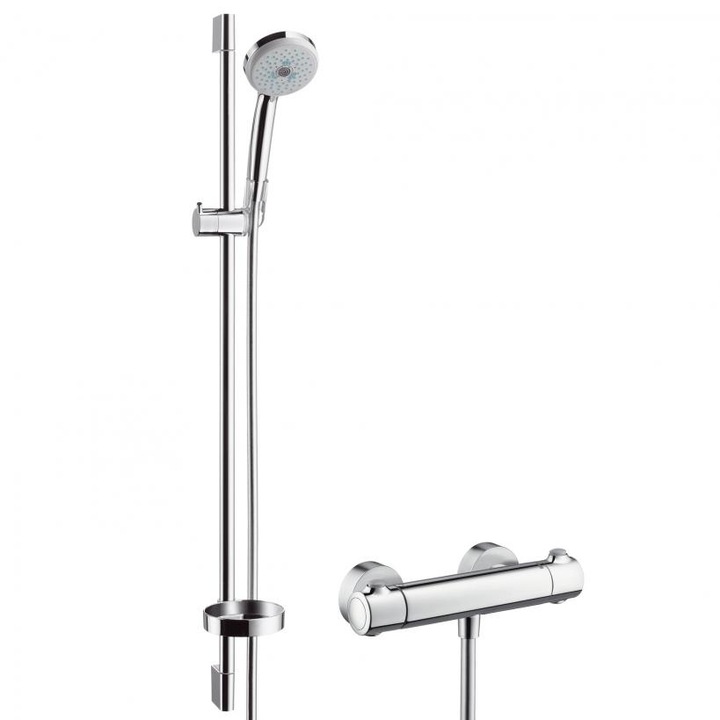 Sistem de dus pentru instalare expusa Croma 100 Multi cu termostat Ecostat Comfort si bara de dus 90 cm, 27085000 Hansgrohe