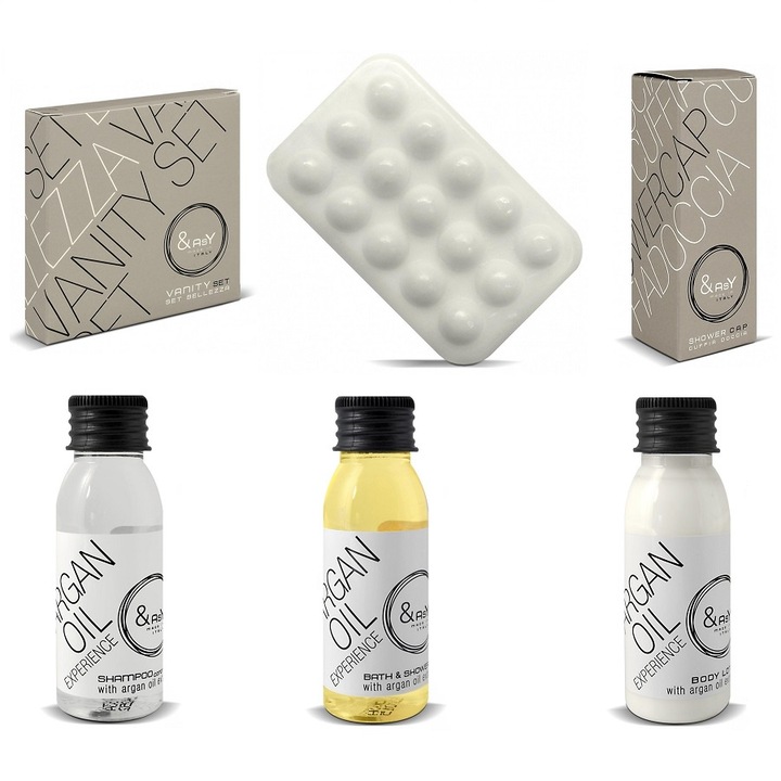 Хотелски козметичен комплект с натурално арганово масло, състоящ се от 50 x хотелски шампоан 30 ml, 50 x хотелски сапун 20 g, 50 x крем за тяло 30 ml, 50 x душ гел 30 ml, 50 x шапка за душ, 50 x комплект